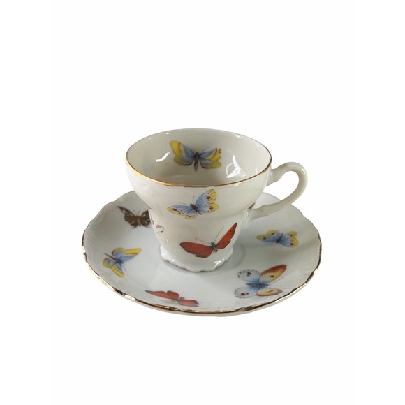 The Unbranded Brand Other - Vintage Butterfly Tea Cup & Saucer Set Gold Trim Porcelain Floral Scalloped RARE